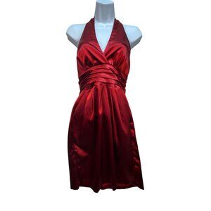Studio Y Womens Halter Cocktail Mini A-Line Dress Size 1/2 Red Satin Sexy Party